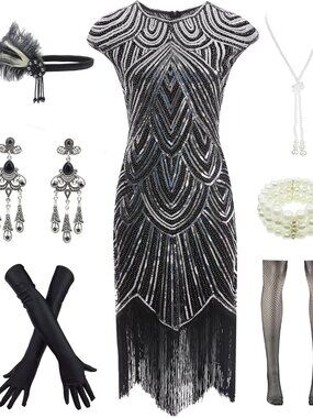 Womens Vintage Lace Fringed Gatsby 1920s Cocktail Dress with 20s Accessories Set